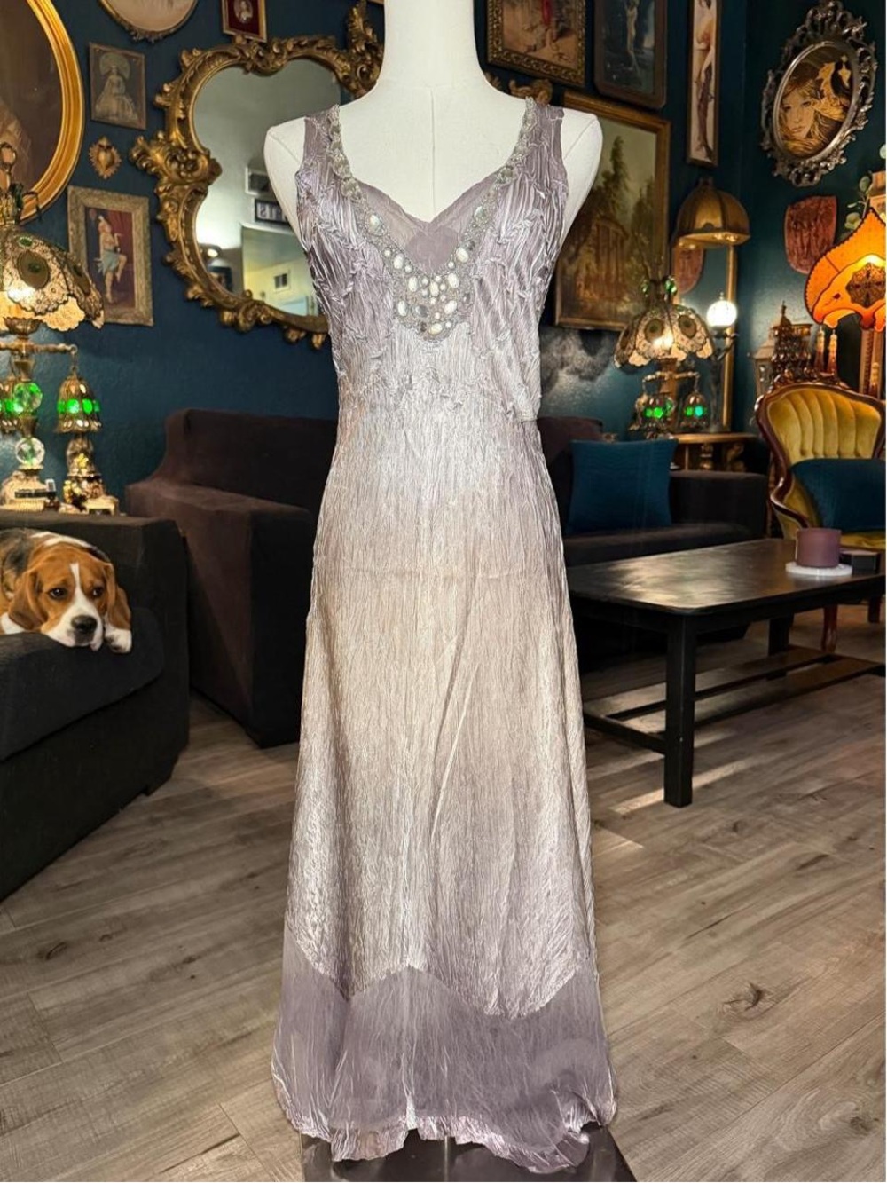 Komarov XL Silver Gray Crinkle Beaded Maxi Dress | Shimmer Evening Wedding Guest